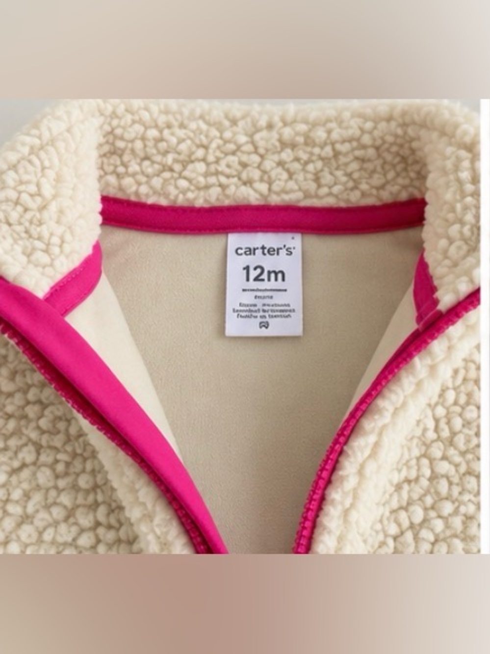 Carter’s Baby Girl 12M Sherpa Fleece One-Piece Jumpsuit Cream Pink Full Zip - Picture 4 of 13